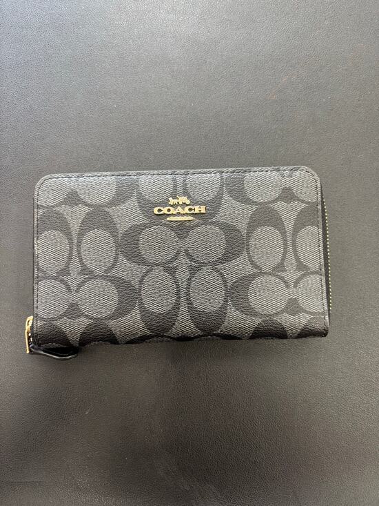 Coach Handbags - NWT Coach Signature Zip Around Wallet Black Smoke Canvas Leather F88913 Gold